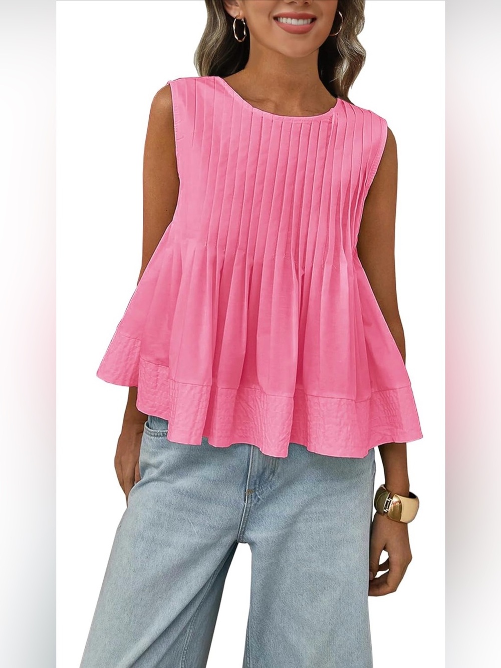 Sleeveless Pink Pleated Peplum Blouse